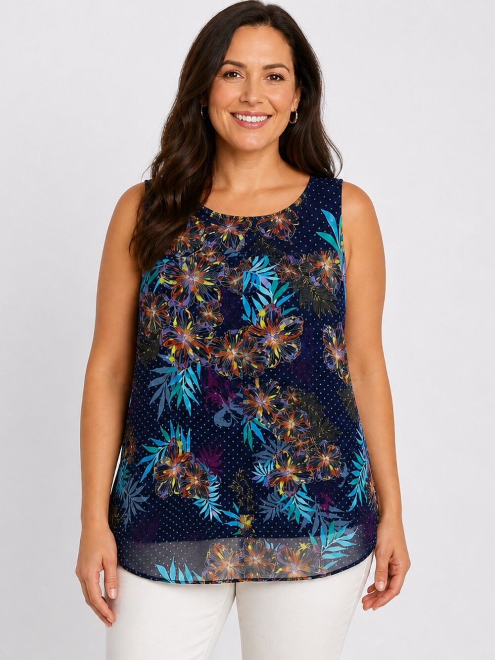 NY Collection Boho Floral Sheer Layer Top L Tropicore Quiet Luxury Vacation Chic